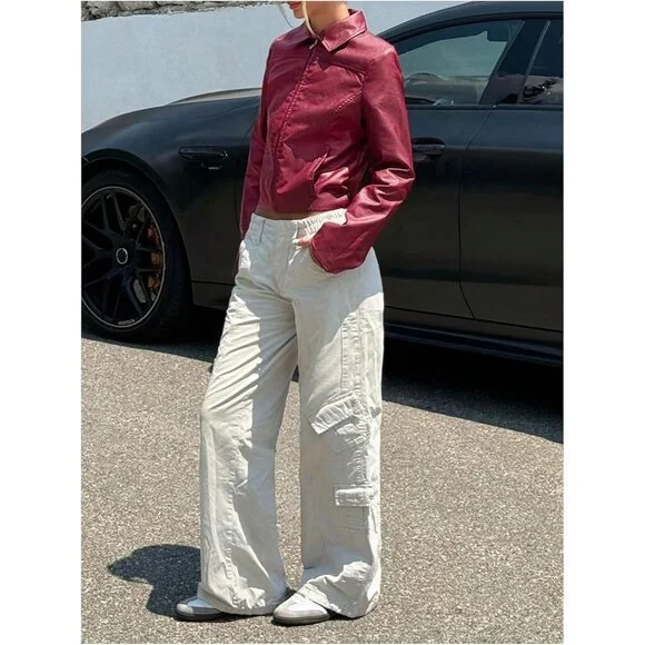 ⚡Women's Red Crop Faux Leather Jacket Vintage Long Sleeve Collar Zip Up Biker - Picture 6 of 6